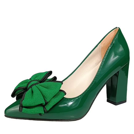 Women Square Heel Double Layer Dark Green Flowers Pumps Shoes