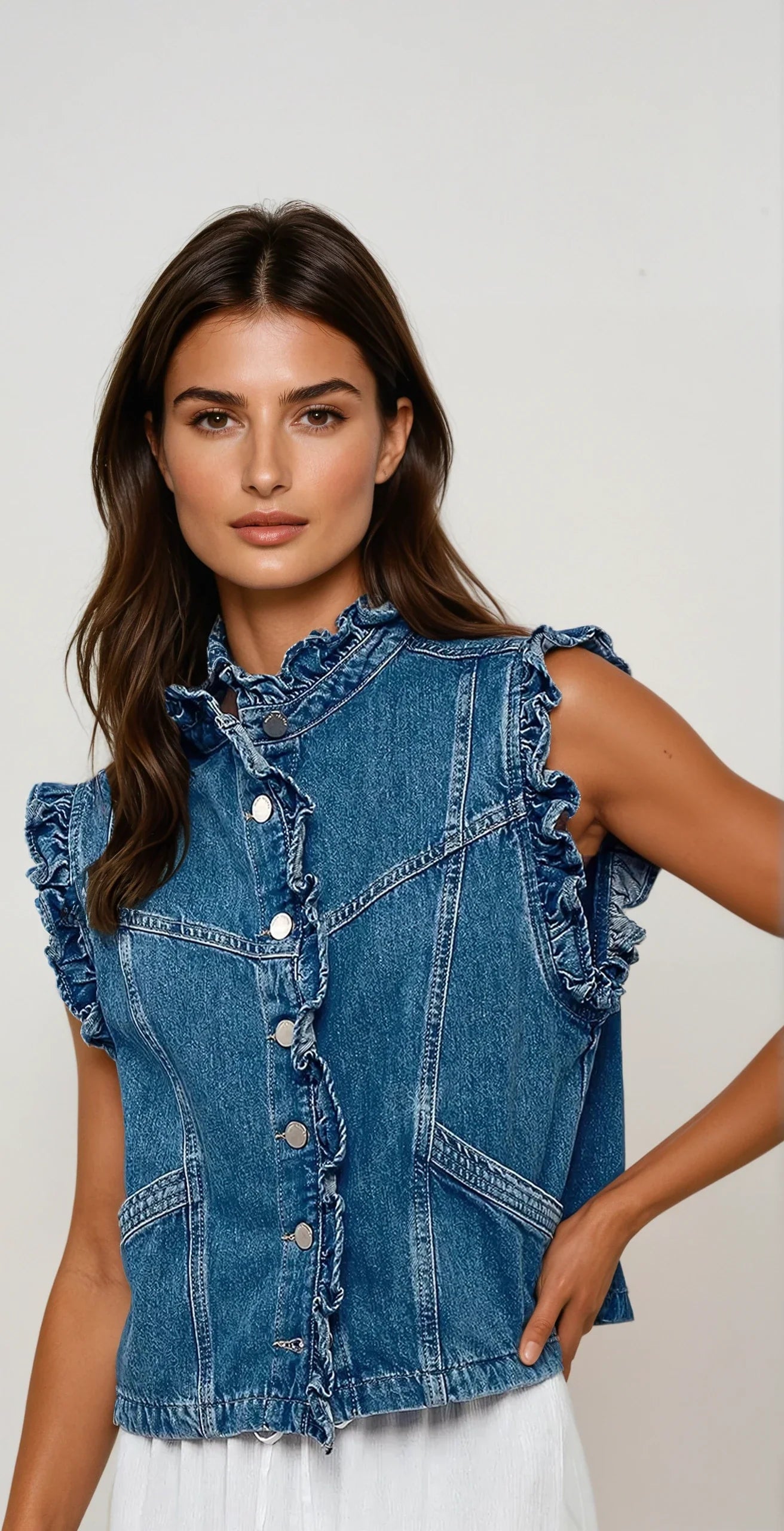 Victorian Muse Ruffle-Trim Denim Vest – High Collar Statement Layer
