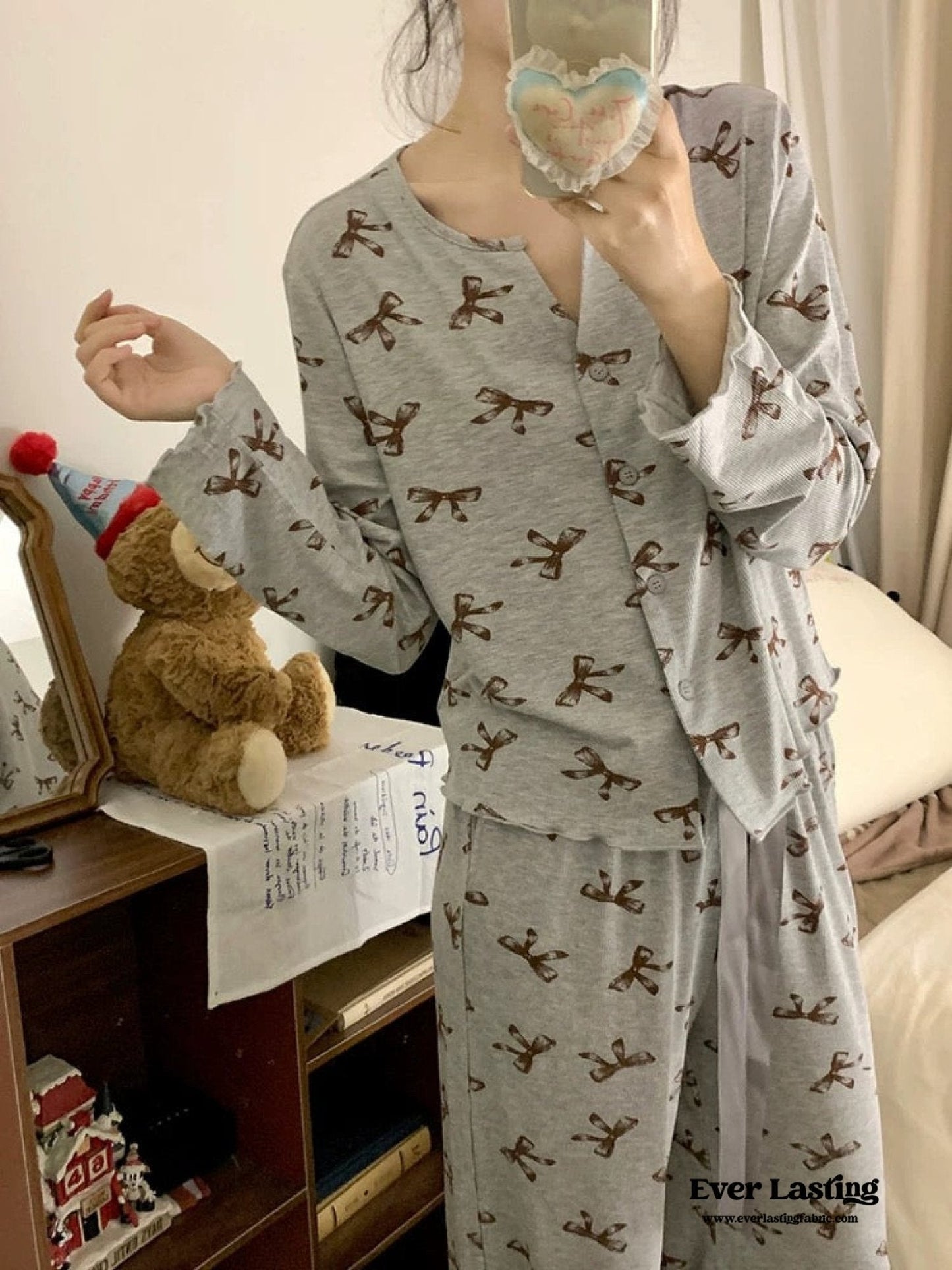 Bow V Neck Modal Pajama Set / Black