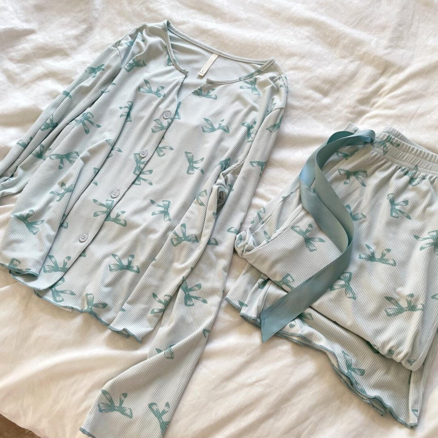 Bow V Neck Modal Pajama Set / Black