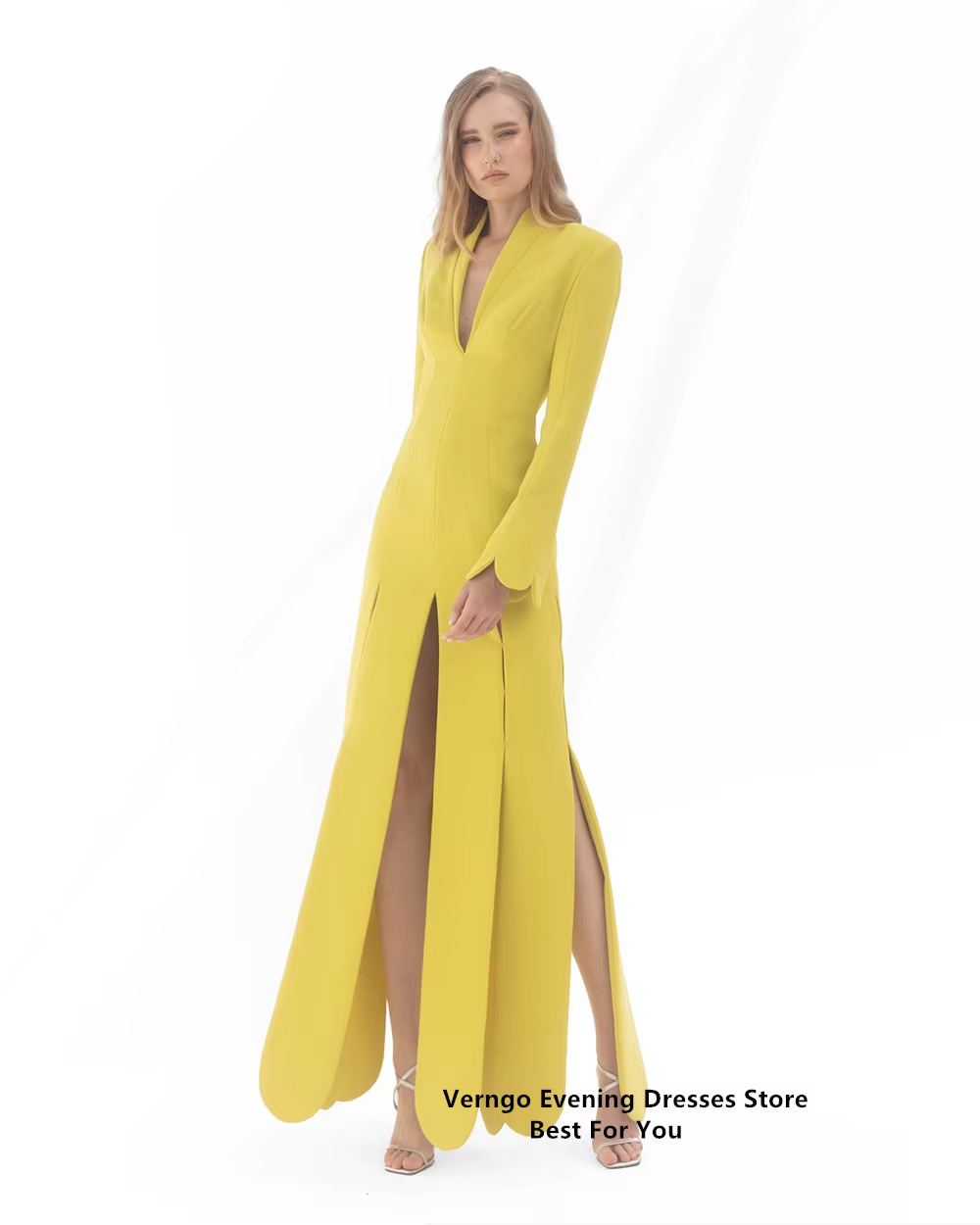 Yellow Soft Satin Long Sleeve Formal Split A Line Gown V Neck Dress