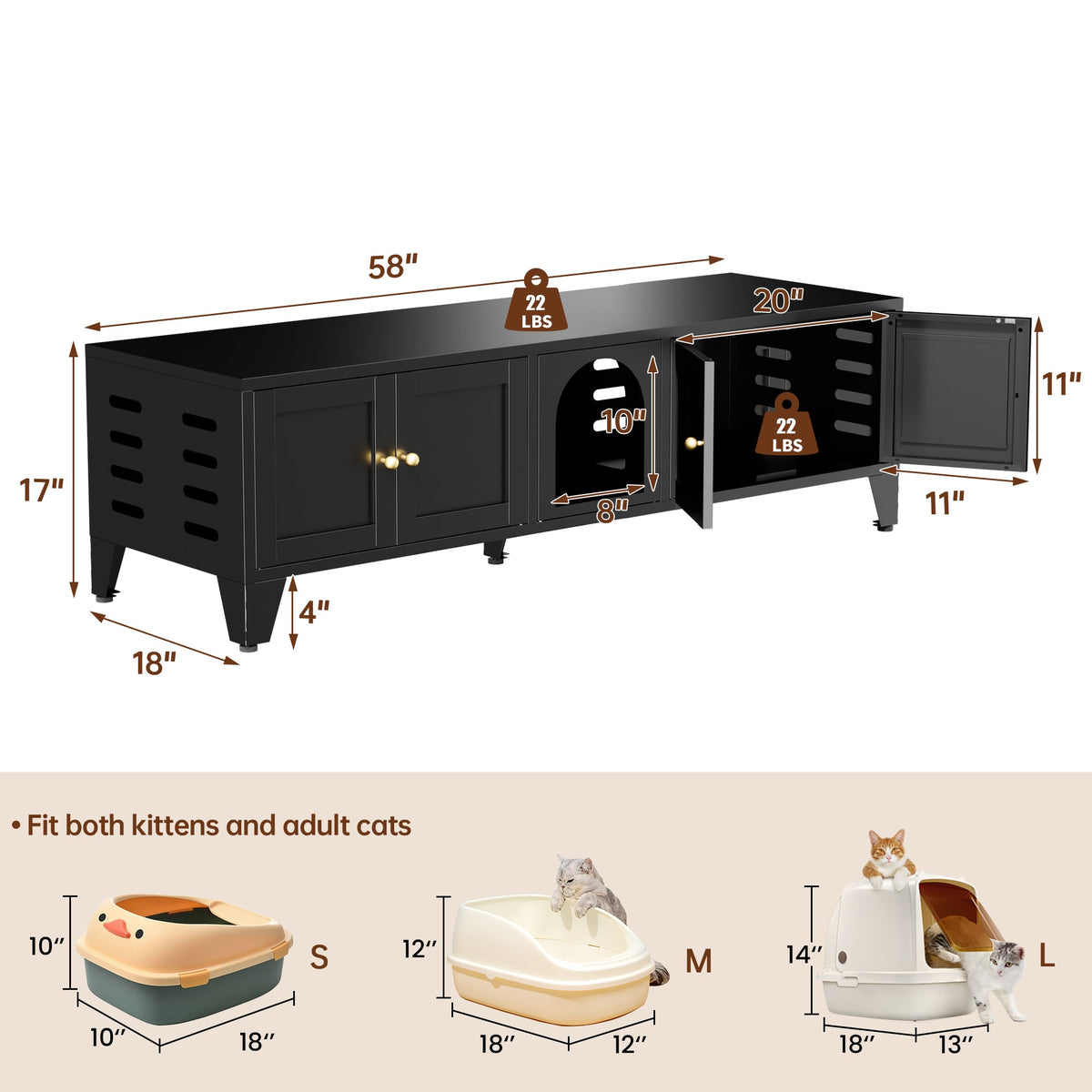 58" Metal Cat Litter Box Enclosure, Hidden Litter Box Furniture for 2 Cats