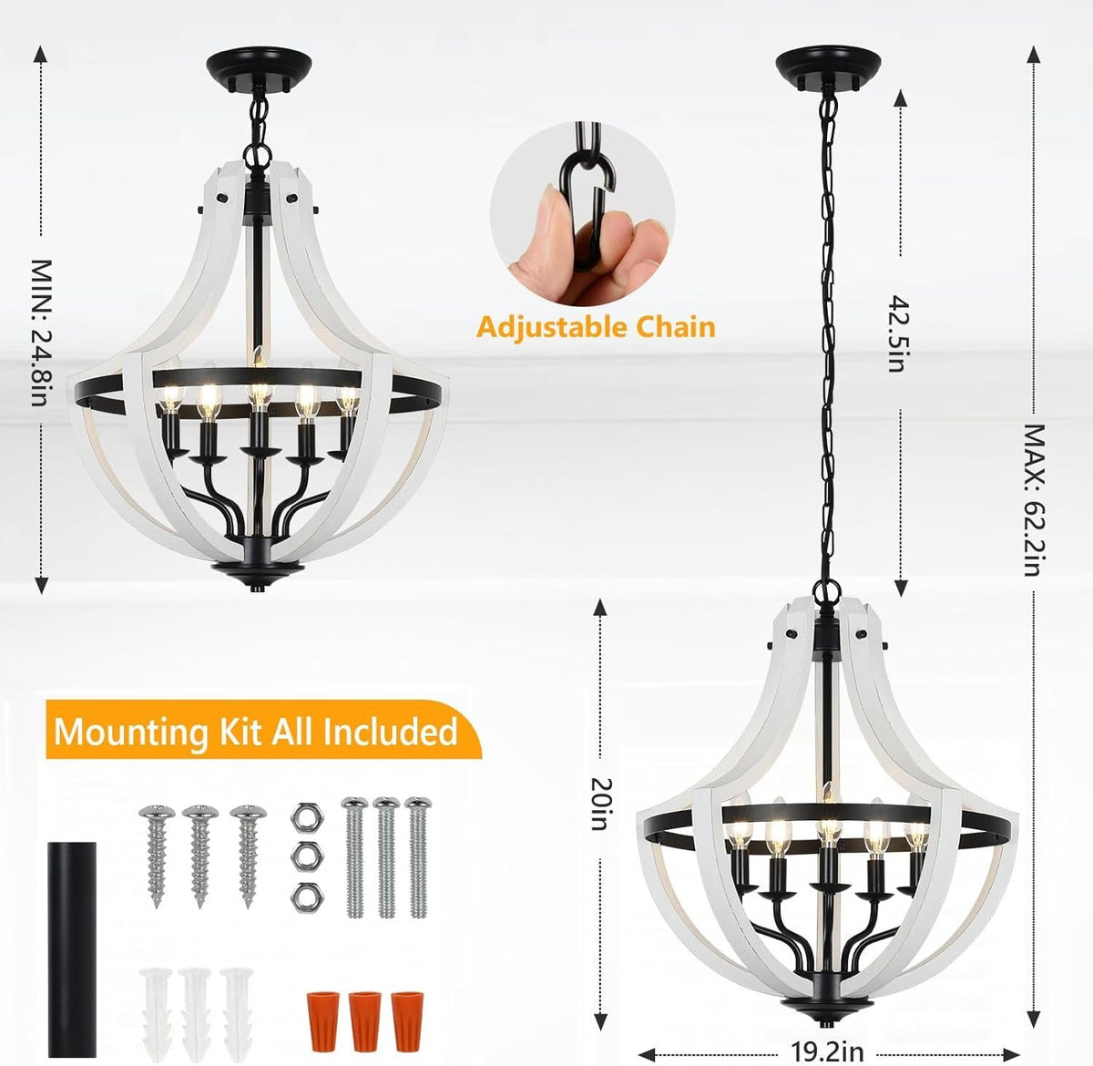 5-Light Farmhouse Chandelier with Dual-Mount Design - White
