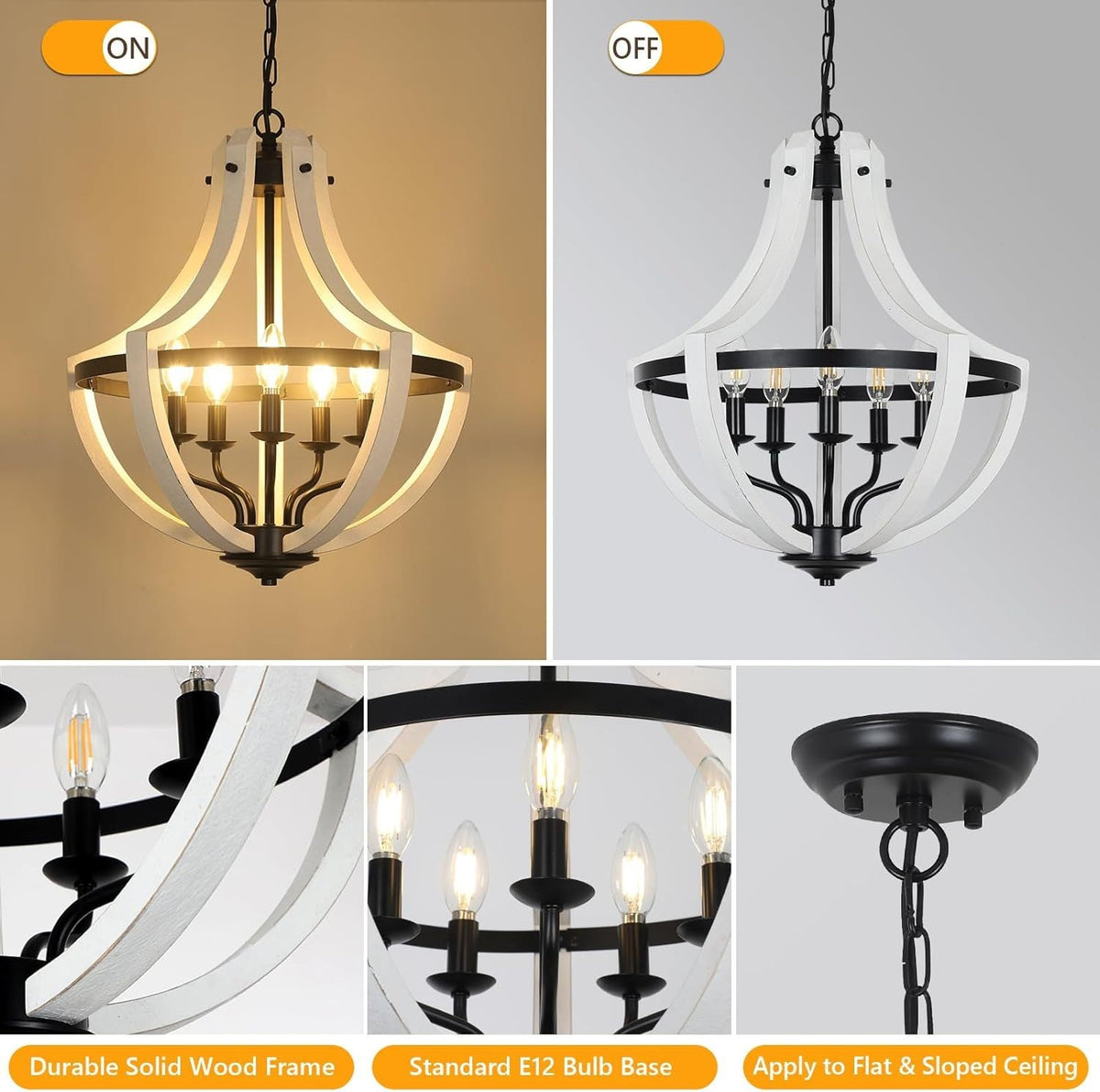 5-Light Farmhouse Chandelier with Dual-Mount Design - White