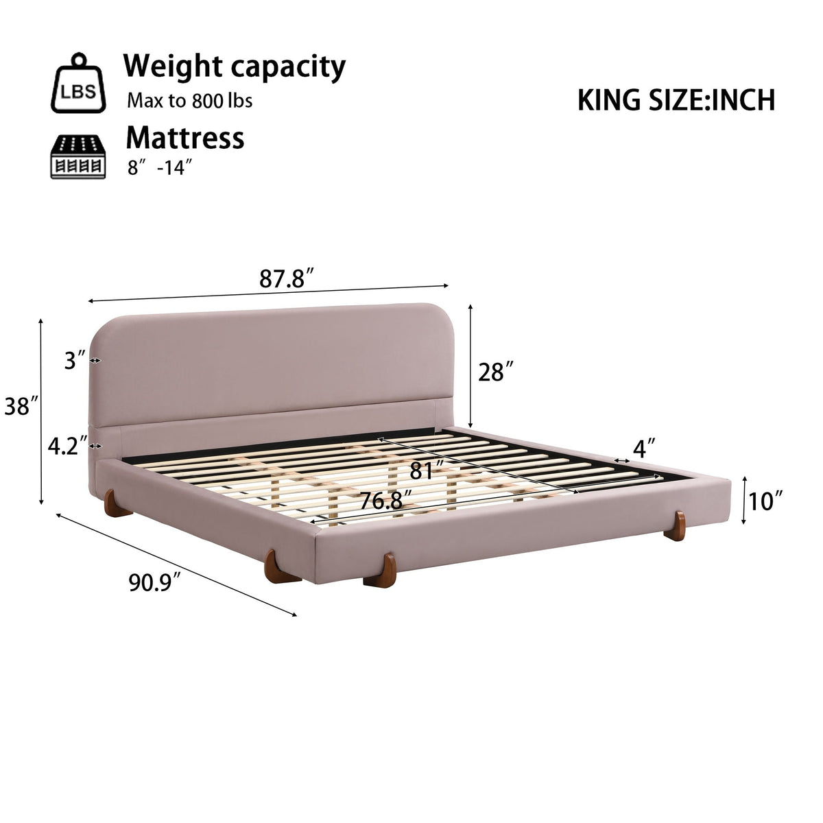 Elegant Upholstered Bed Frame with Solid Wood Legs - Pink or White