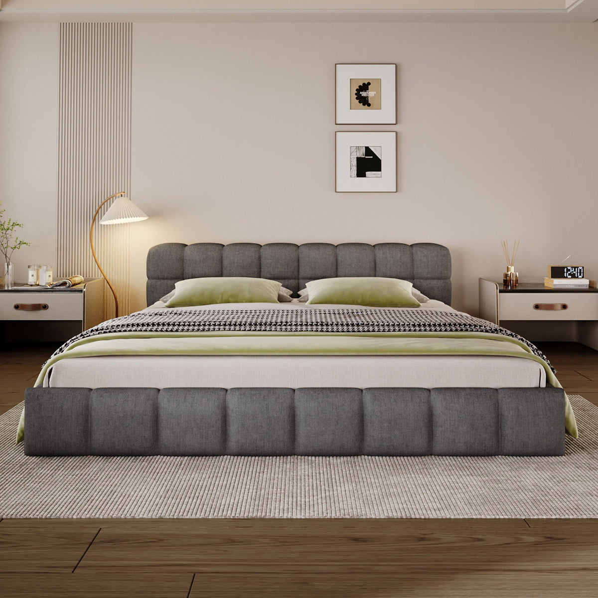 Elegant Upholstered Bed with Checkerboard Headboard - Dark Gray