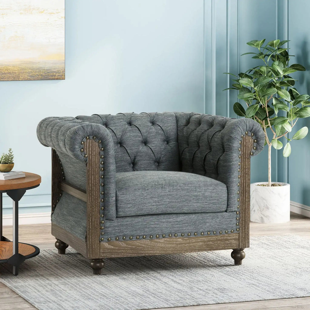 Fabric Upholstered Club Chair with Scrolled Tuxedo Arms - Dark Gray