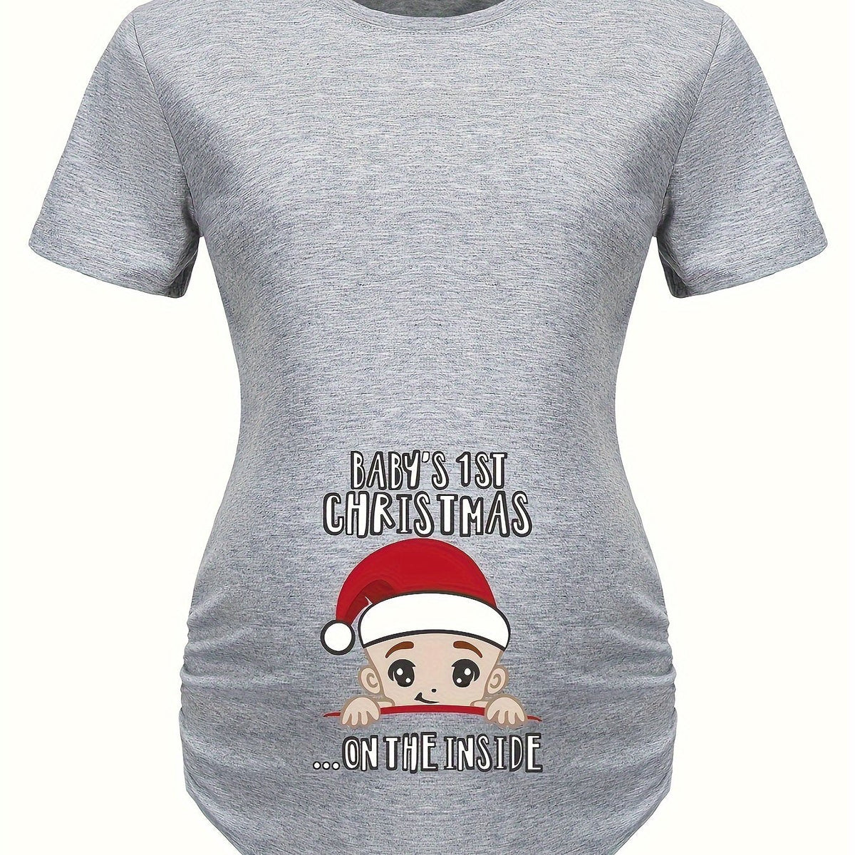 Actflash Festive Christmas Youngsters Print Maternity Tee - Comfy Polyester & Spandex Blend, Crew Neck, Short Sleeve, Perfect for Summer, Christmas Hat, Cute Youngsters Announcement Shirt