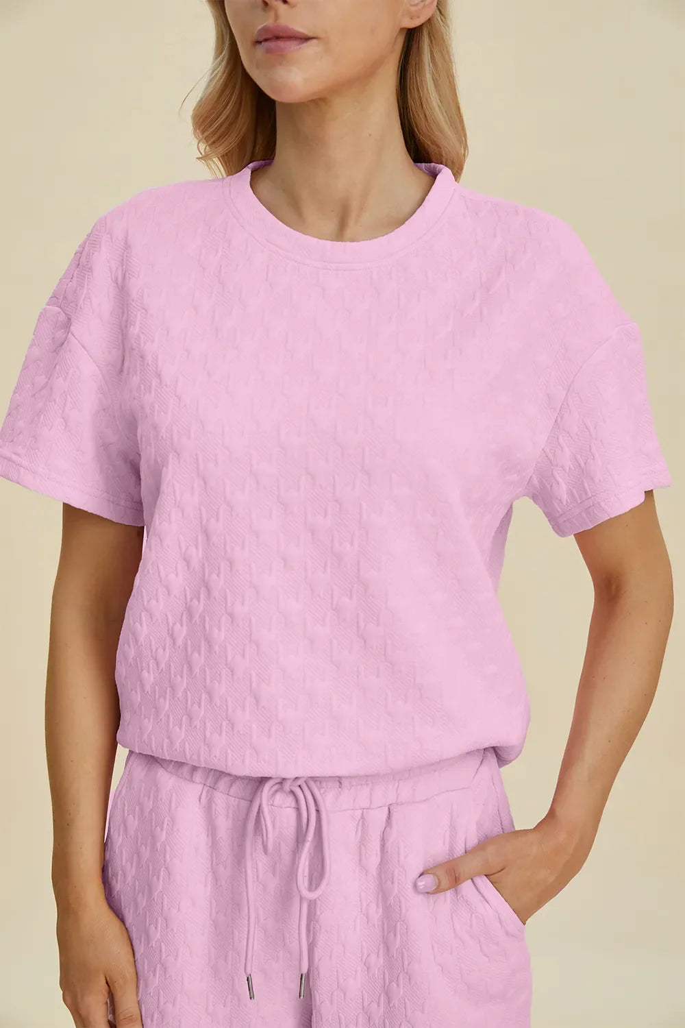 Double Take Full Size Texture Round Neck Short Sleeve Top and Pants Set