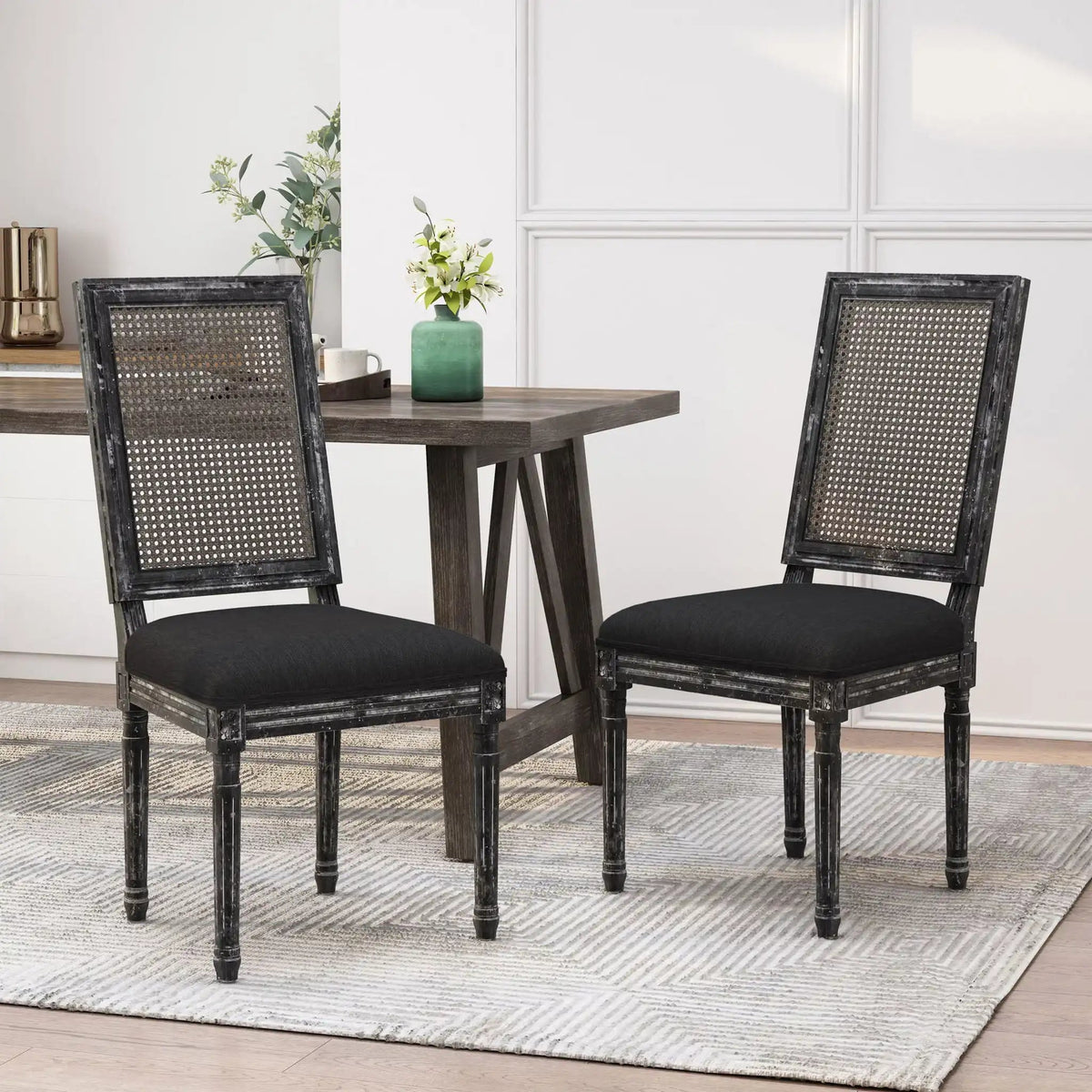 French Country Dining Chair with Rectangular Cane Backrest and Upholstered Seat