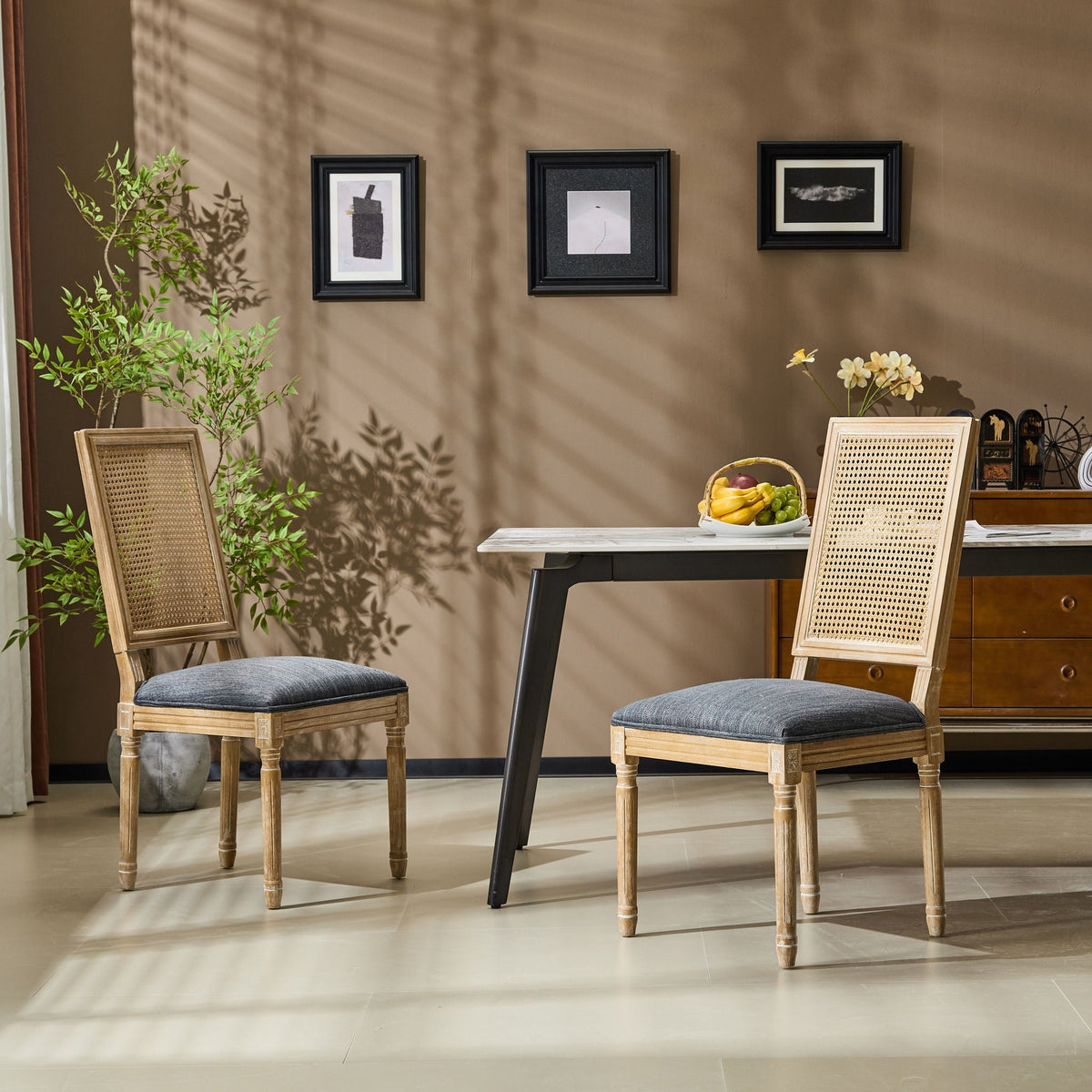French Country Dining Chair with Rectangular Cane Backrest and Upholstered Seat
