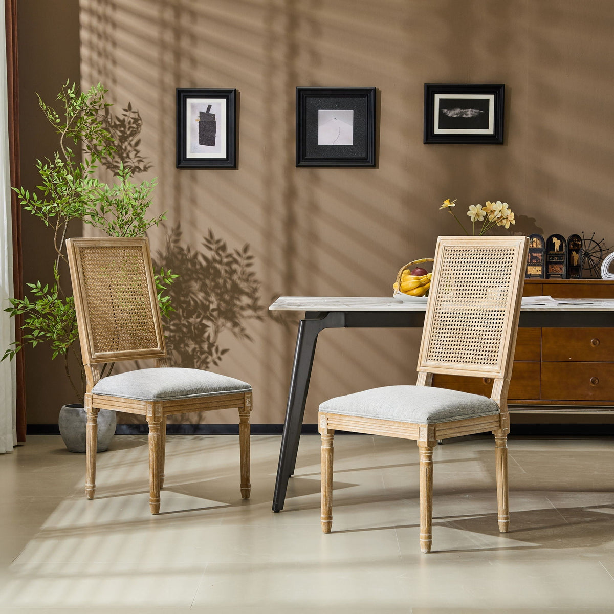French Country Dining Chair with Rectangular Cane Backrest and Upholstered Seat