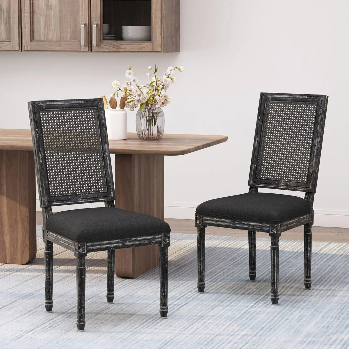French Country Dining Chair with Rectangular Cane Backrest and Upholstered Seat