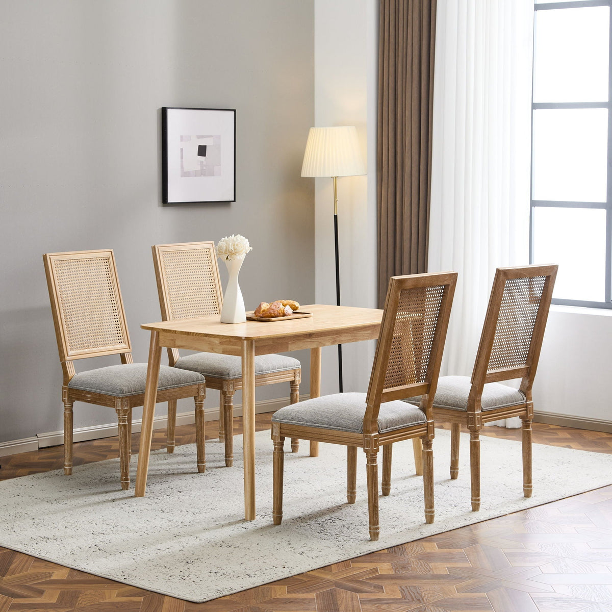 French Country Dining Chair with Rectangular Cane Backrest and Upholstered Seat