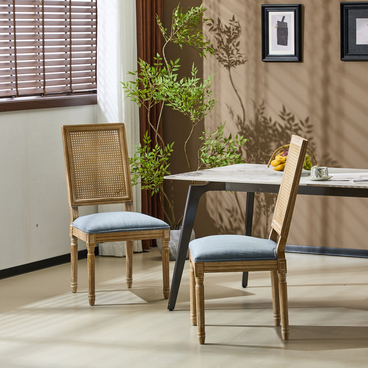 French Country Dining Chair with Rectangular Cane Backrest and Upholstered Seat