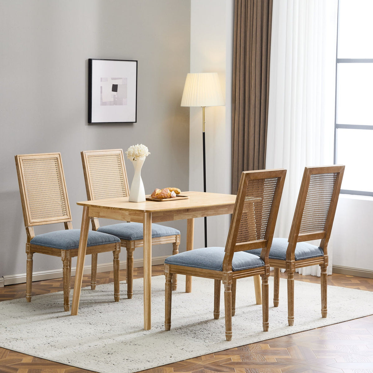 French Country Dining Chair with Rectangular Cane Backrest and Upholstered Seat