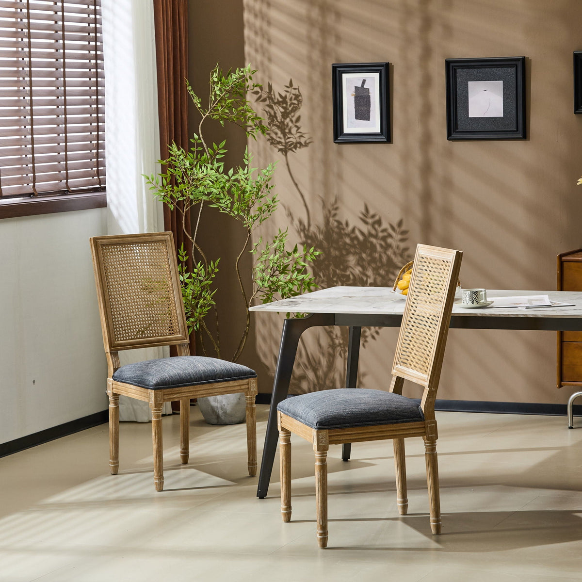 French Country Dining Chair with Rectangular Cane Backrest and Upholstered Seat