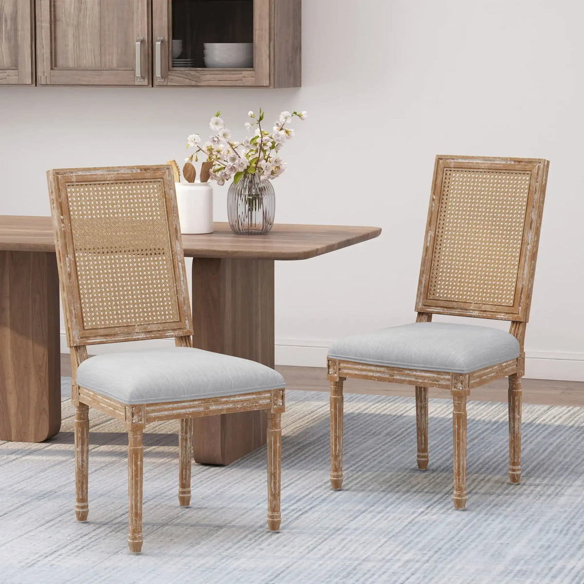 French Country Dining Chair with Rectangular Cane Backrest and Upholstered Seat