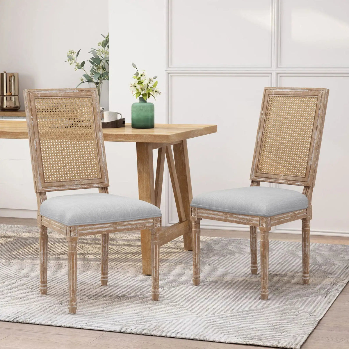 French Country Dining Chair with Rectangular Cane Backrest and Upholstered Seat