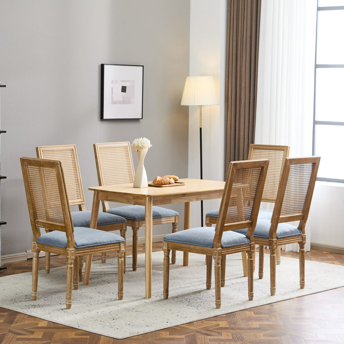 French Country Dining Chair with Rectangular Cane Backrest and Upholstered Seat