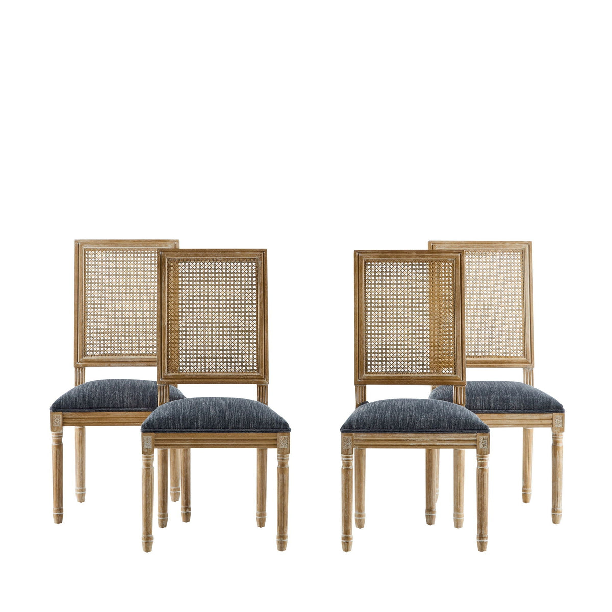 French Country Dining Chair with Rectangular Cane Backrest and Upholstered Seat