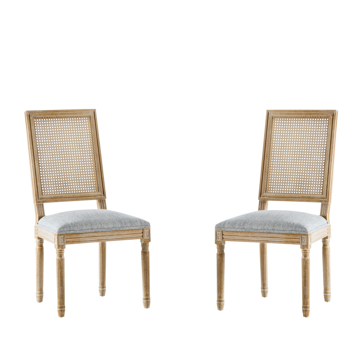French Country Dining Chair with Rectangular Cane Backrest and Upholstered Seat