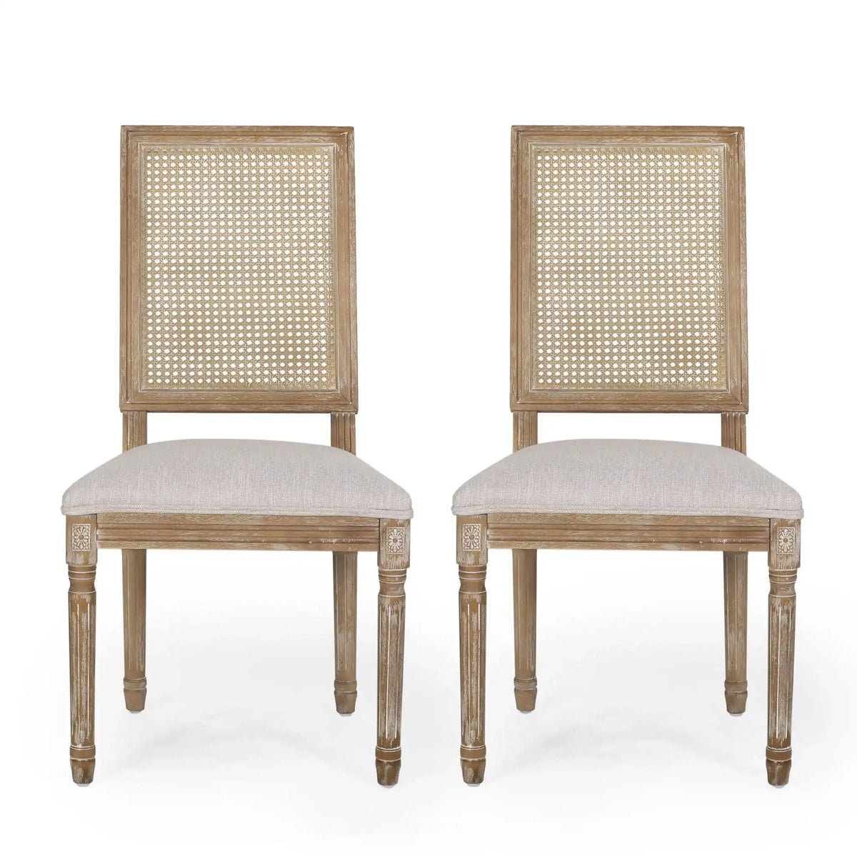French Country Dining Chair with Rectangular Cane Backrest and Upholstered Seat