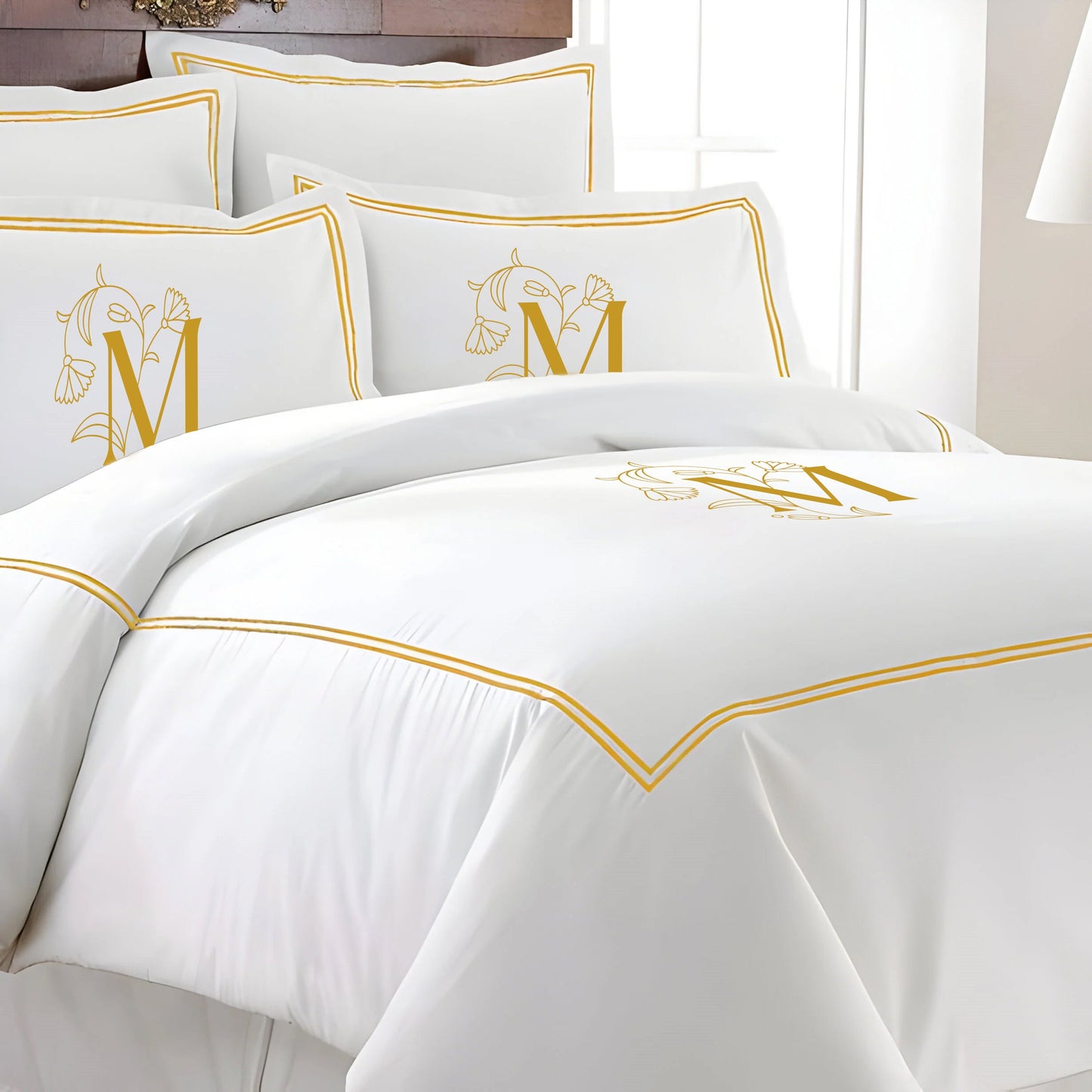 Monogram 400TC Cotton Double Embroidery Sateen Solid Duvet Cover Set