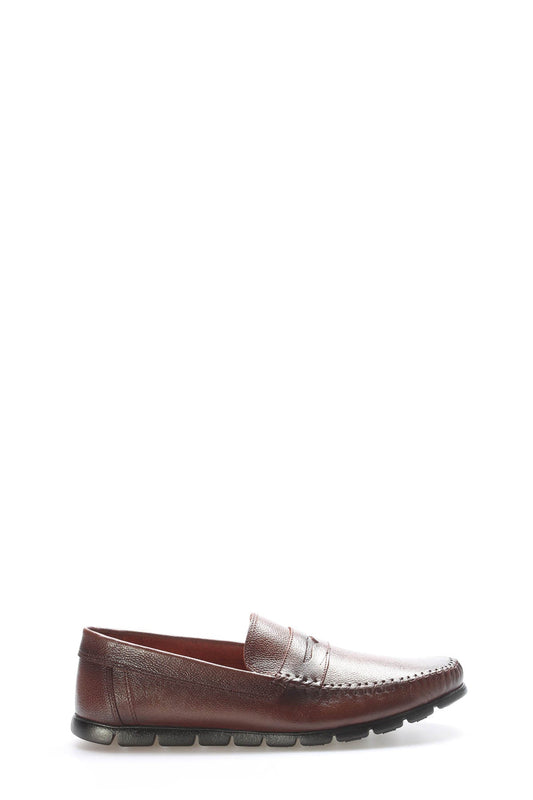 Brown Textured Leather Penny Loafers for Men | Wessi