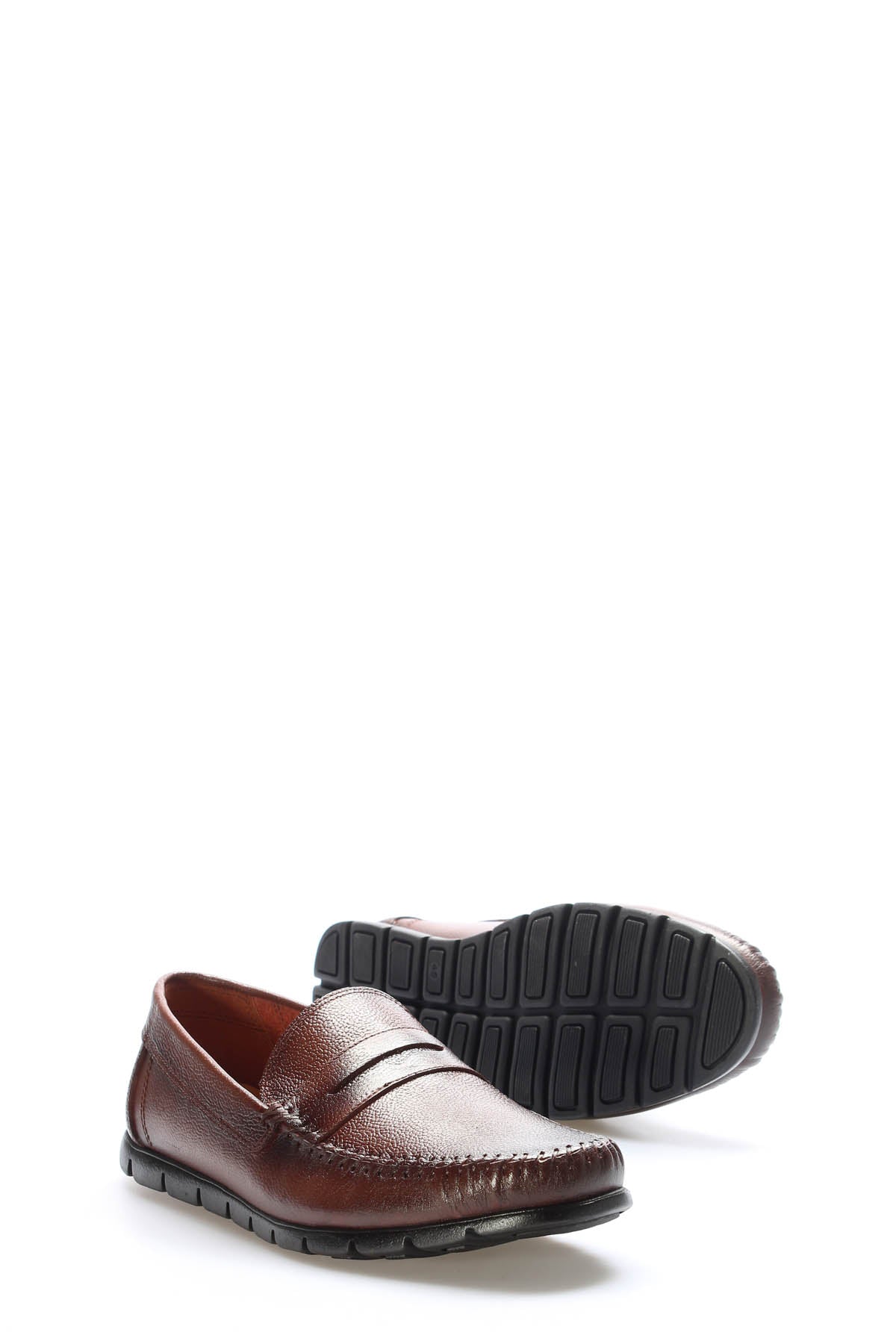 Brown Textured Leather Penny Loafers for Men | Wessi