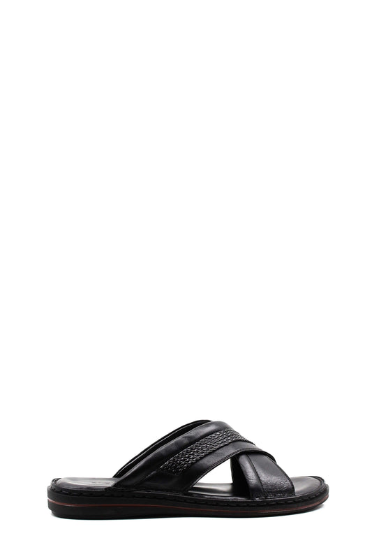 Men's Black Leather Crisscross Slide Slippers with Textured Straps and Cushioned Sole - Wessi