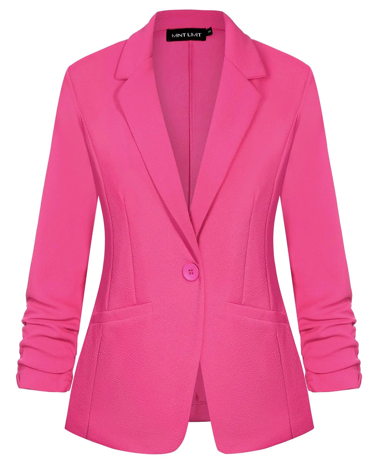 Women's Casual Pink Blazer 3/4 Stretchy Ruched Sleeve Suits Jacket Dressy Lapel Open Front Blazer Suit Formal Work OfficeS