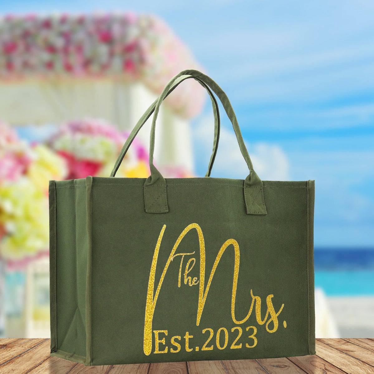 The Mrs. Est. 2023 Gold Color Print Tote Bag 100% Cotton Canvas Bridal Party Tote Bachelorette Bag Bridal Chic Tote Bags Wedding Totes