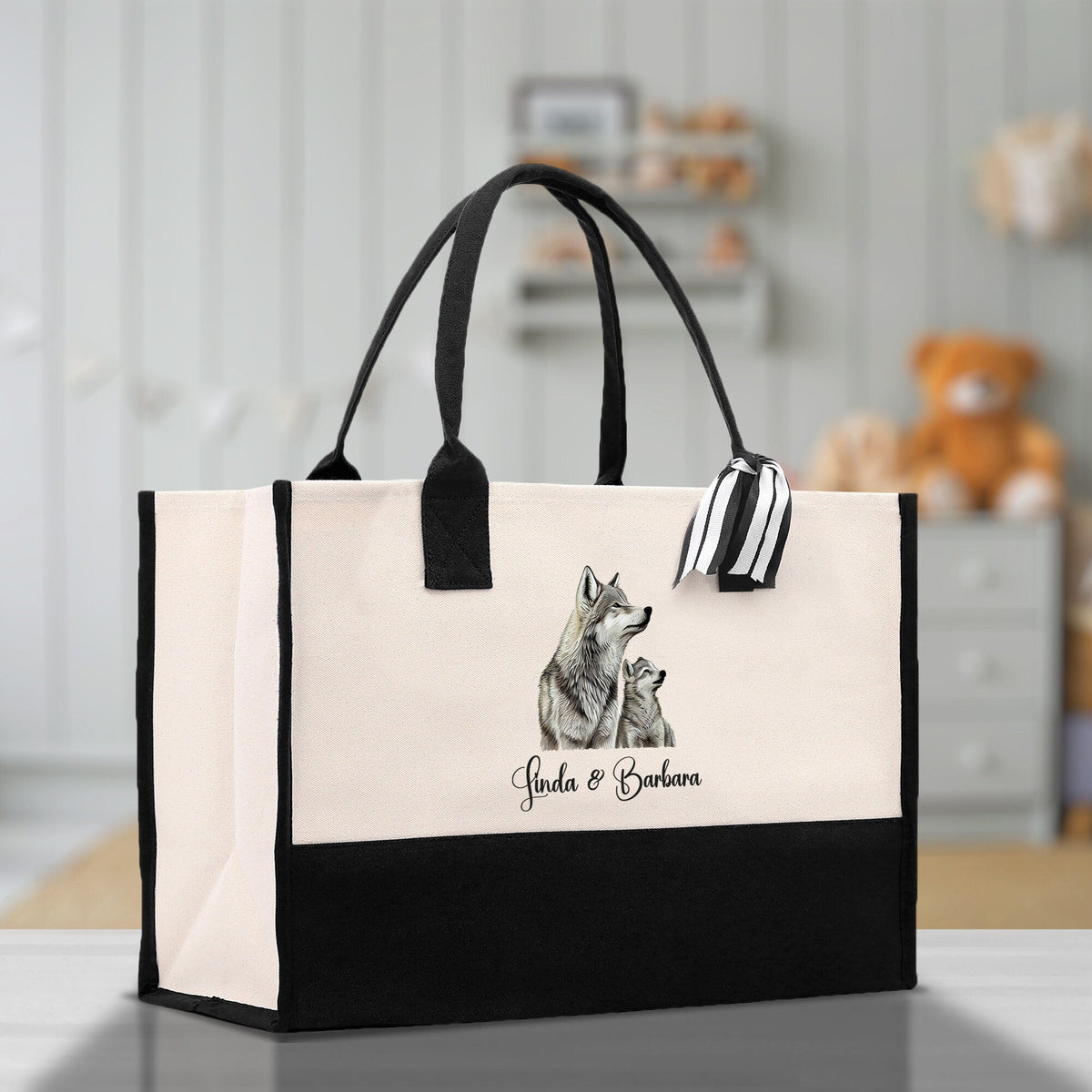 Wolf Mom And Baby Name Custom Cotton Canvas Tote Bag Custom Pet Lover Gift Pet Portrait Bag Personalized Pet Owner Gift Tote Bag