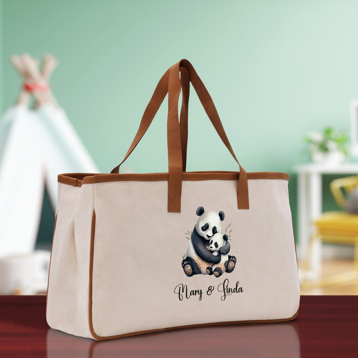 Panda Mom And Baby Name Custom Cotton Canvas Tote Bag Custom Pet Lover Gift Pet Portrait Bag Personalized Pet Owner Gift Tote Bag