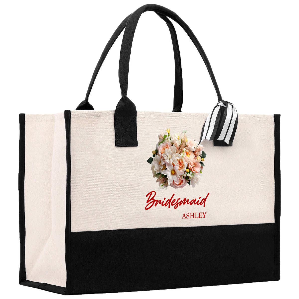 Bridesmaid Bouquet Colorful Flowers Bouquet Custom Name Cotton Canvas Tote Bag Bridal Chic Tote Bags Personalized Wedding Totes