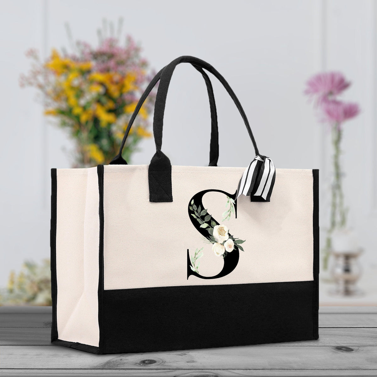 Floral Monogram Beach Canvas Tote Bag Initial Tote Bag Letter Tote Bag Birthday Gift Personalized Tote Bag Personalized Beach Bag