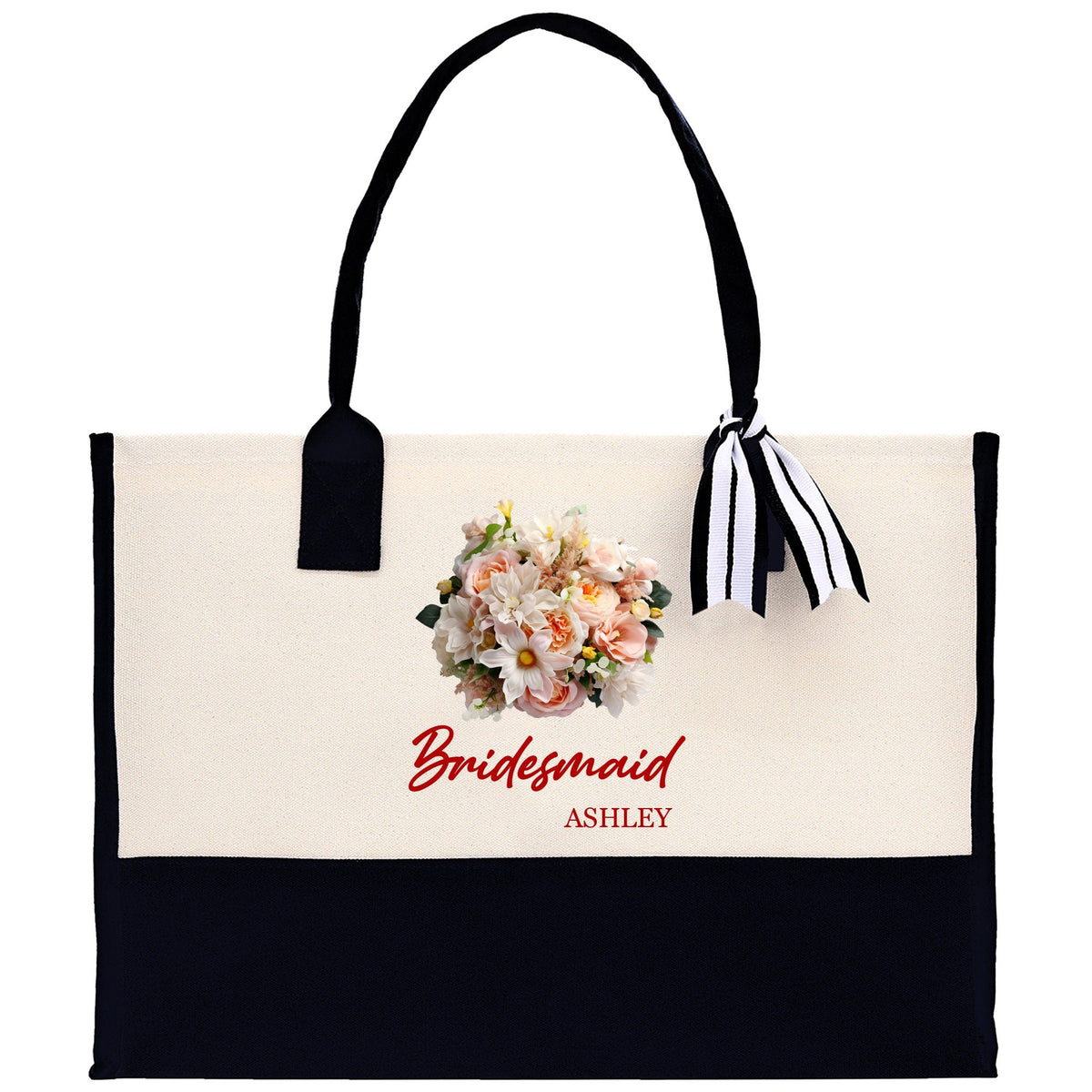 Bridesmaid Bouquet Colorful Flowers Bouquet Custom Name Cotton Canvas Tote Bag Bridal Chic Tote Bags Personalized Wedding Totes