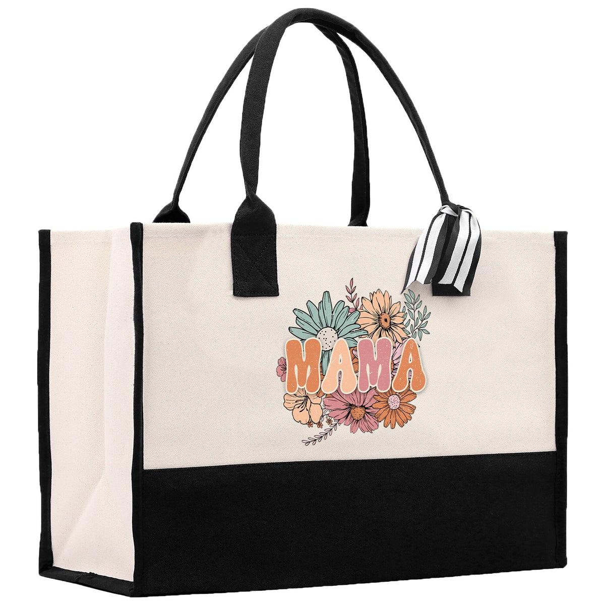 Floral Retro Mama Cotton Canvas Tote Bag Mom Gift Mom Bag Mom Shopping Bag New Mom Gift Best Mom Ever Bag Boy Girl Mama Tote