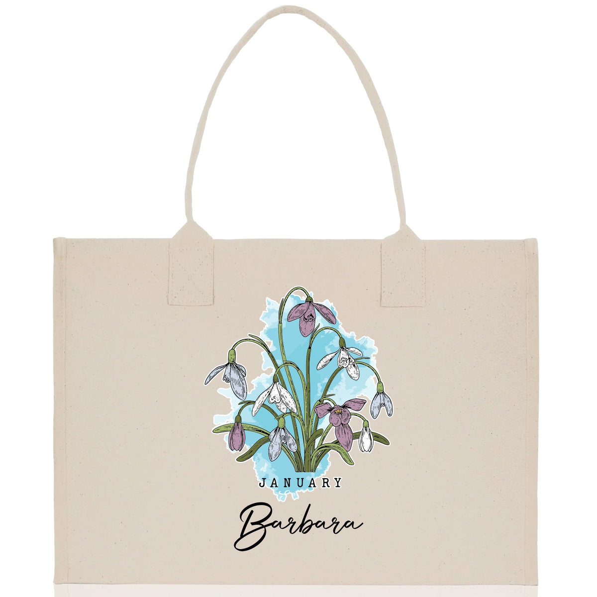 January Birth Month Flower Personalized Name Cotton Canvas Tote Bag Custom Flower Birthday Gift Bag Wedding Gift for Her Bridal Bridesmaid