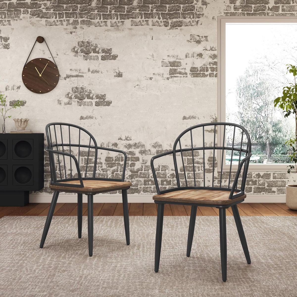 Industrial Inspired Indoor Dining Chair Set with Metal Legs and Birch - Black / Natural