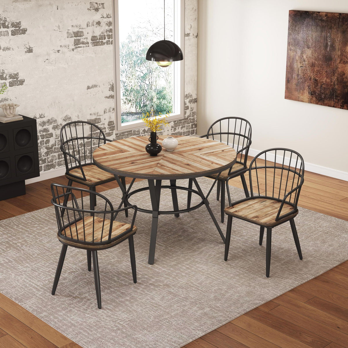 Industrial Inspired Indoor Dining Chair Set with Metal Legs and Birch - Black / Natural