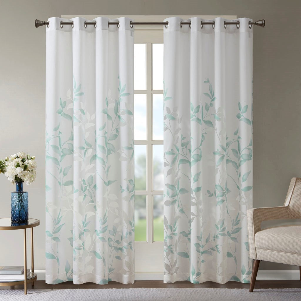 Burnout Printed Curtain Panel with Semi-Sheer Botanical Design - Aqua