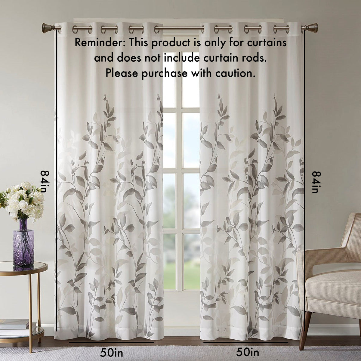 Burnout Printed Curtain Panel with Semi-Sheer Botanical Design - Grey