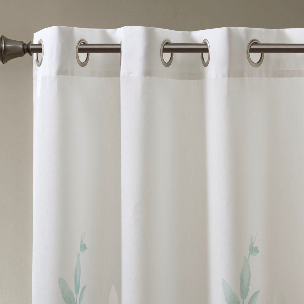 Burnout Printed Curtain Panel with Semi-Sheer Botanical Design - Aqua