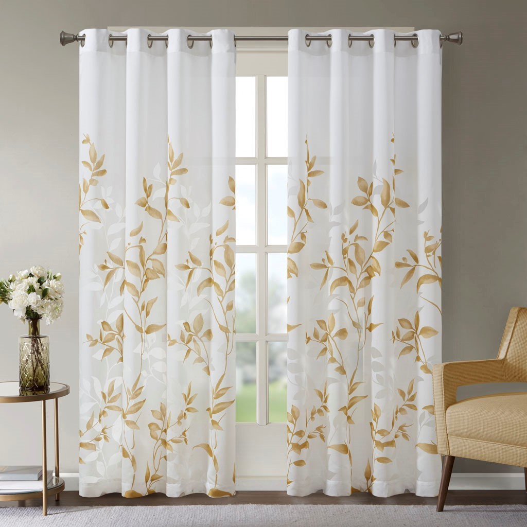 Burnout Printed Curtain Panel with Botanical Burnout Print - Ivory Gold