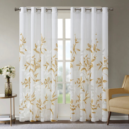Burnout Printed Curtain Panel with Botanical Burnout Print - Ivory Gold