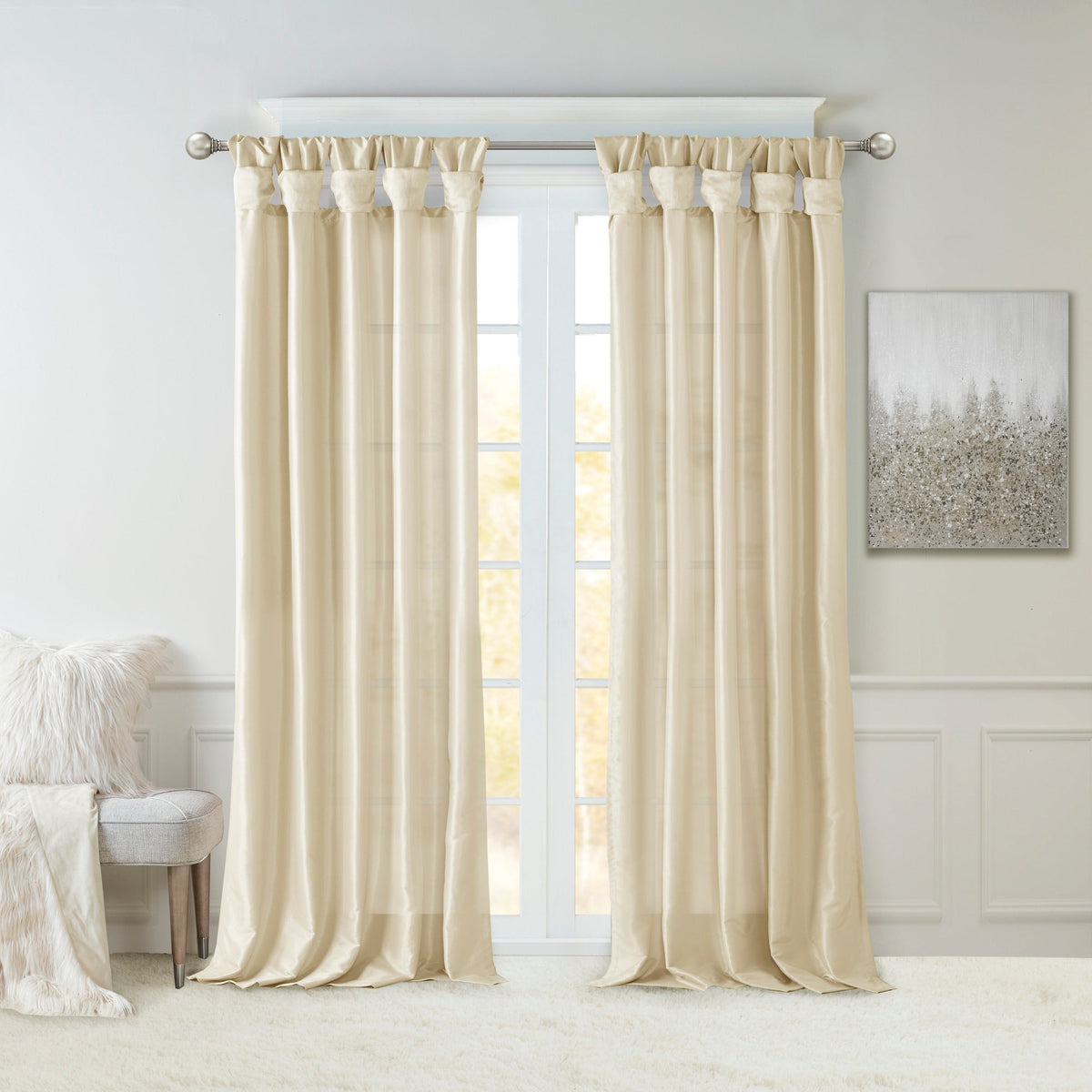 Champagne Twist Tab Lined Window Curtain Panel with Faux Silk Finish - 50" x 95"