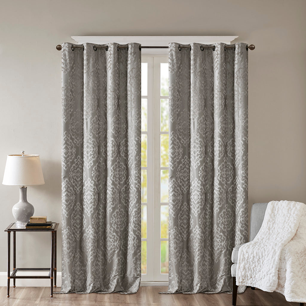 Charcoal Knitted Jacquard Damask Blackout Curtain Panel with Silver Grommets