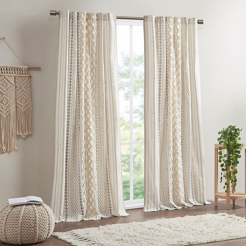 Cotton Printed Curtain Panel with Chenille Stripe and Lining Ivory 50x84